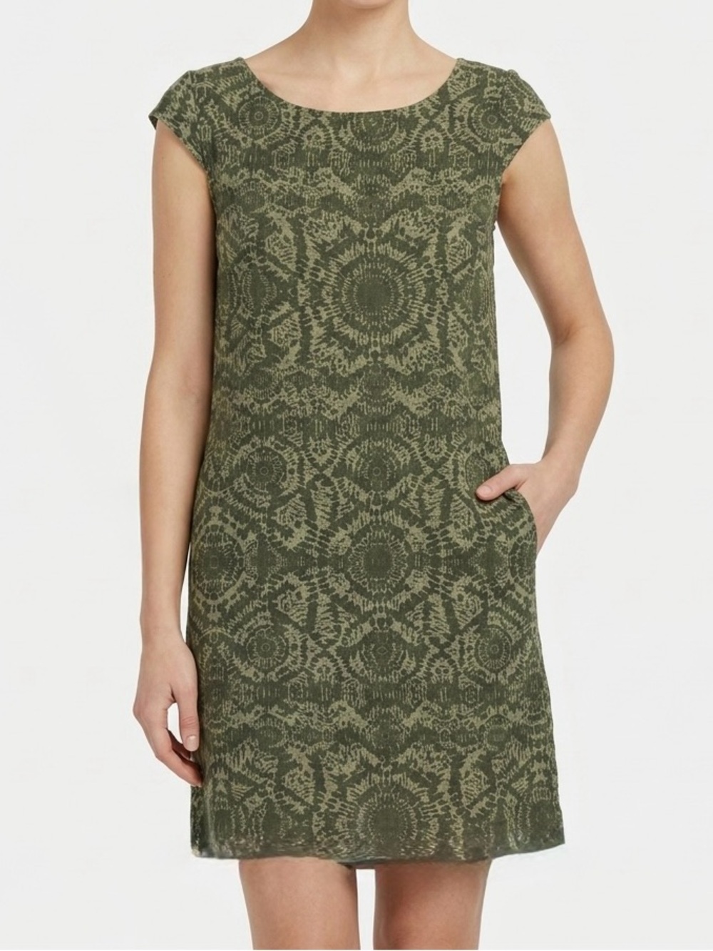 Lina Tomei Batik Print Boho Short Cap Sleeve Casual linen Blend Dress Pockets M